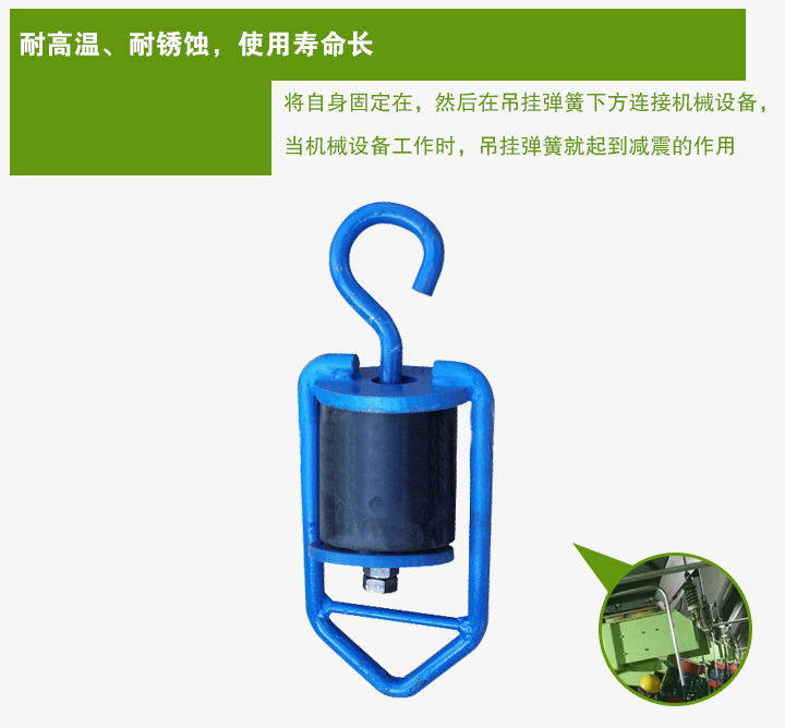 吊掛彈簧將自身固定在，然后在吊掛彈簧下方連接機械設備， 當機械設備工作時，吊掛彈簧就起到減震的作用
